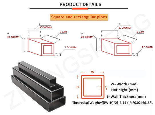 100 x 100 x 4mm ASTM 스틸 프로필 MS 평면 튜브 실제 무게와 두께 0.8-12.75mm에 의해 청구서